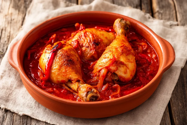 best pollo al chilindron near me - authentic Spanish chicken stew in terracotta cazuela