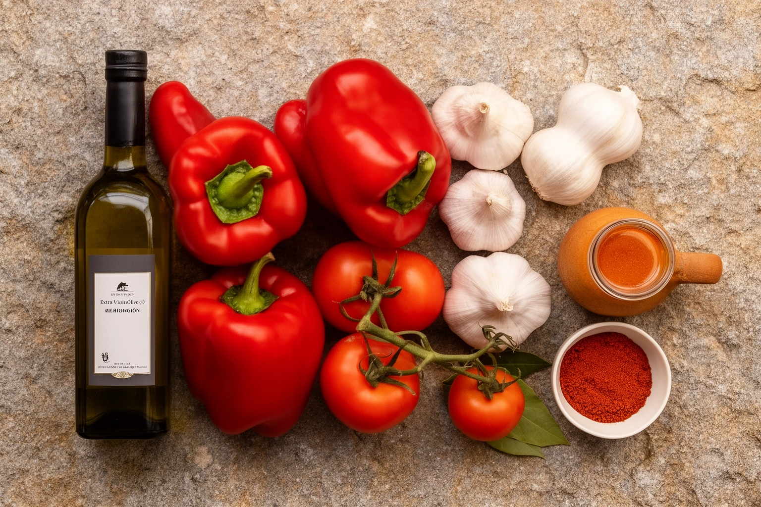 authentic chilindrón sauce ingredients - red peppers, tomatoes, garlic, olive oil on wooden surface