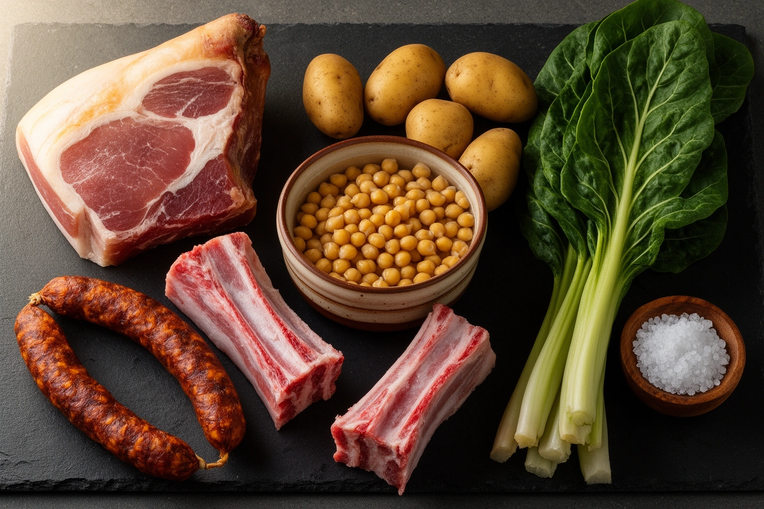 cocido gallego ingredients - lacón, chorizo, pig ear, chickpeas, grelos and potatoes on stone surface