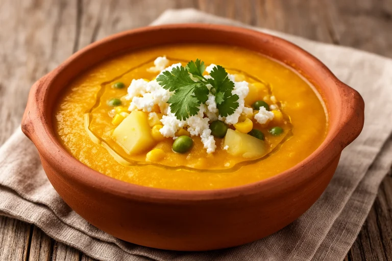 best locro de zapallo near me - creamy Peruvian pumpkin stew in clay bowl with queso fresco and aji amarillo