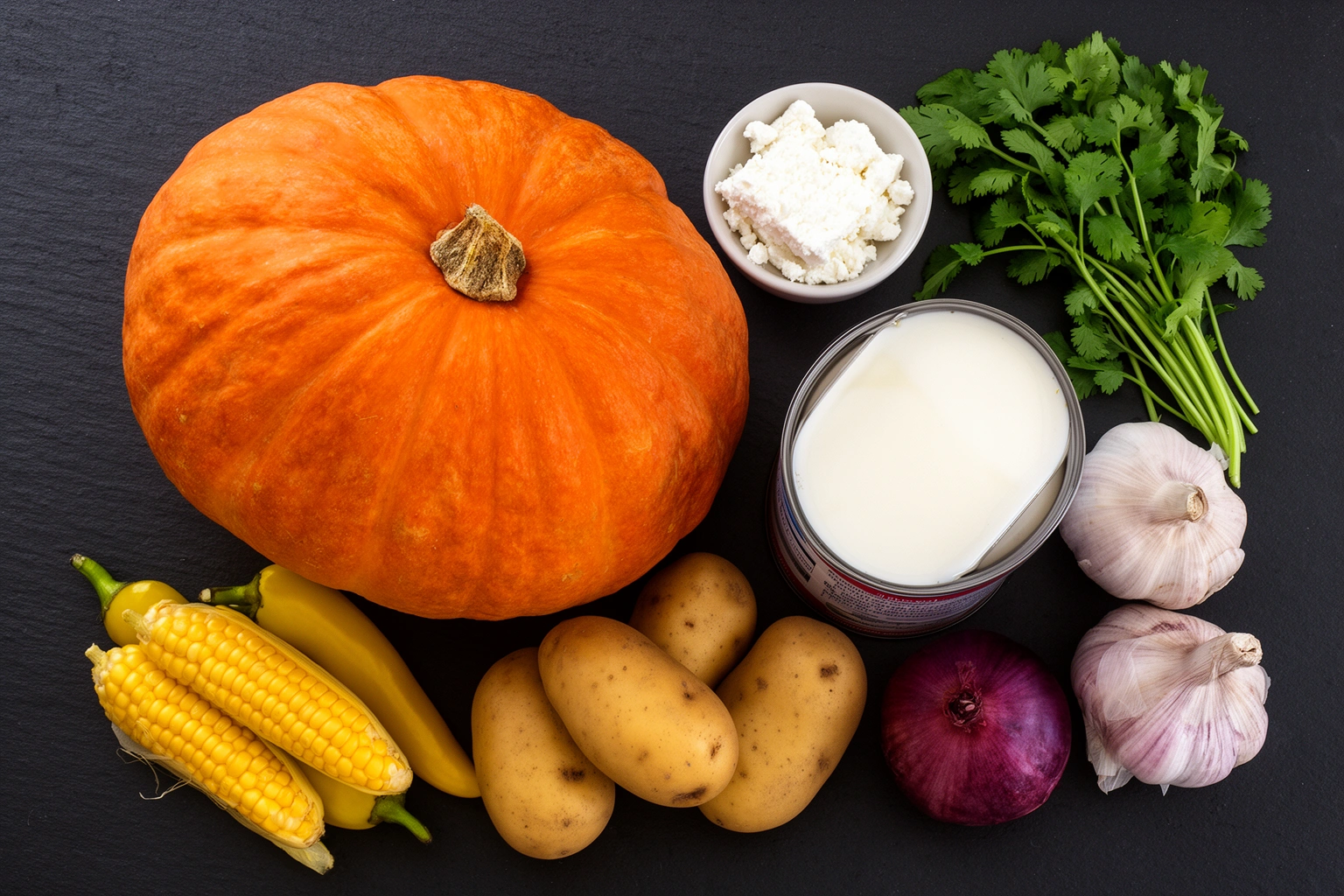 locro de zapallo ingredients - zapallo squash, aji amarillo, potatoes, corn, queso fresco arranged on stone surface
