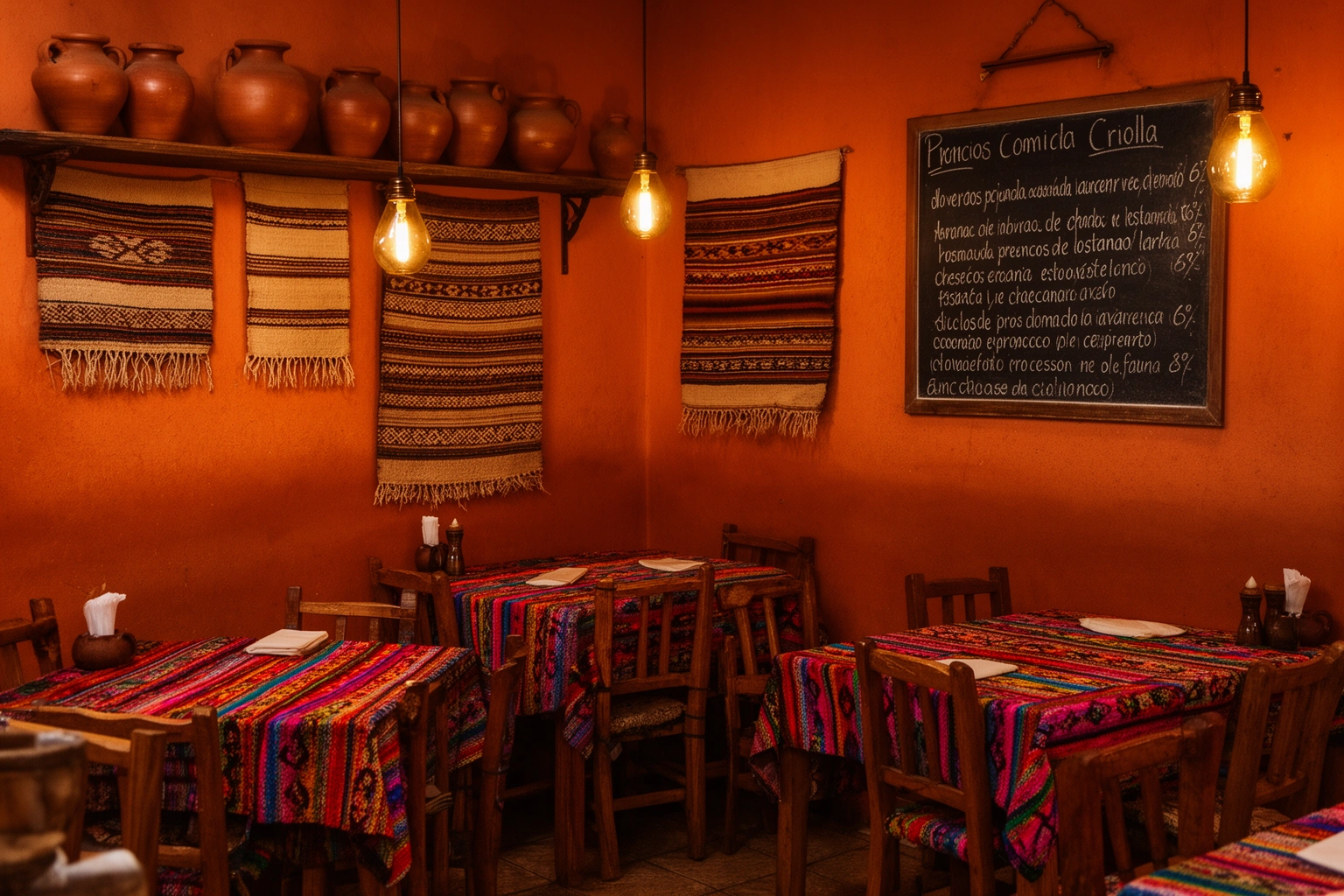 Peruvian comida criolla restaurant interior with warm lighting and traditional decor