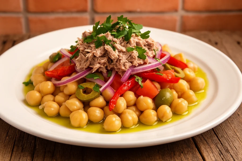 best ensalada de garbanzos near me - authentic Spanish chickpea salad with piquillo peppers, tuna ventresca and sherry vinegar dressing