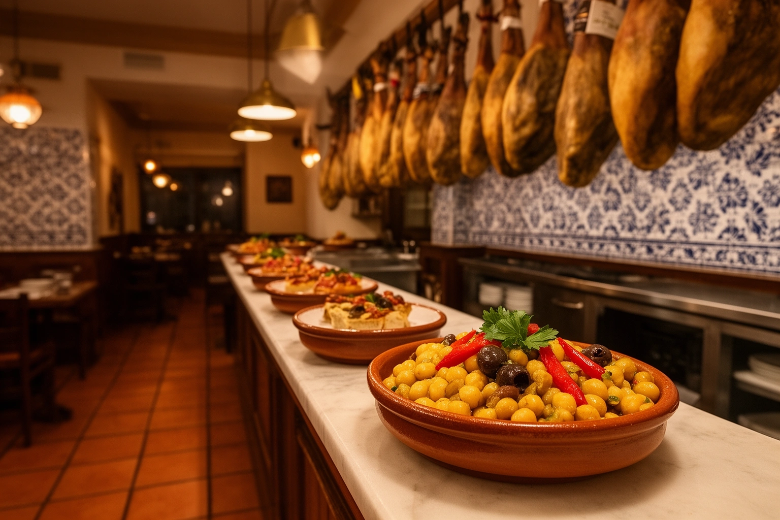 Spanish tapas bar interior with bowls of ensalada de garbanzos on the counter alongside other tapas