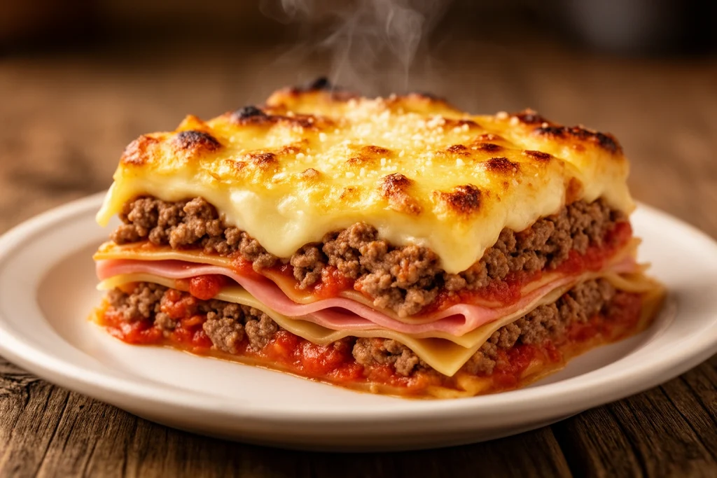 best pasticho Venezuelan lasagna near me - thick golden slice showing béchamel, meat sauce, ham and cheese layers