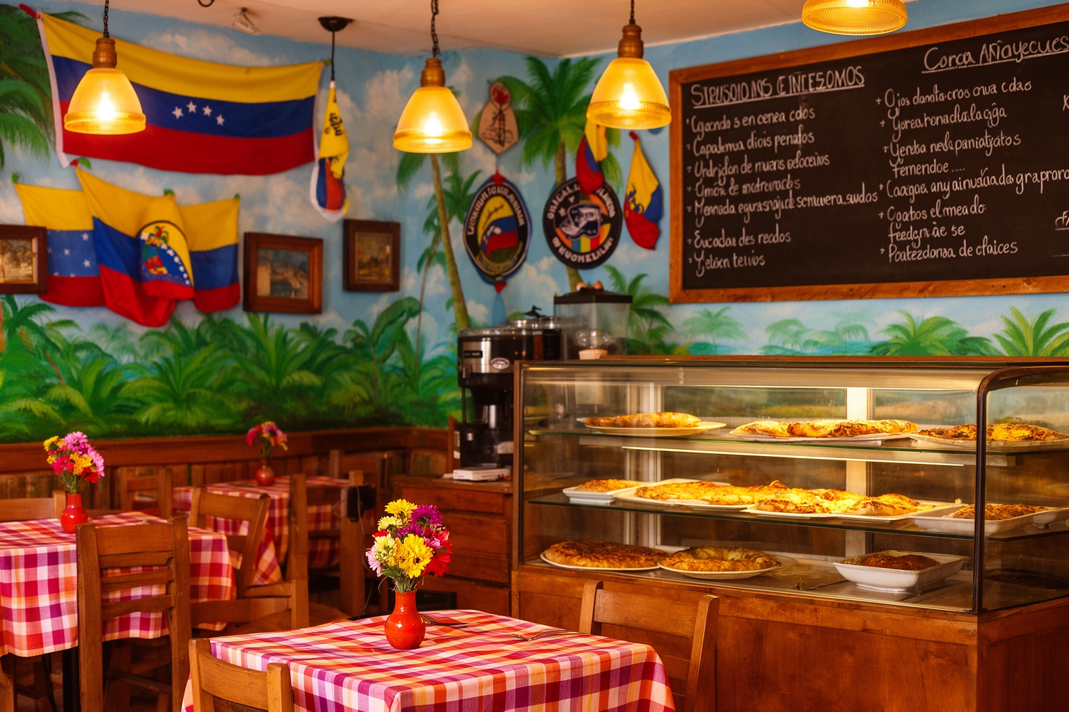 Venezuelan restaurant interior in Doral Miami with warm family-style dining atmosphere