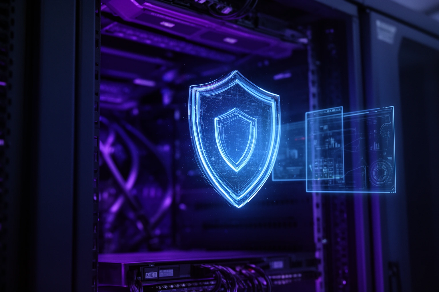 AI threat detection cybersecurity system 2026 server room blue light