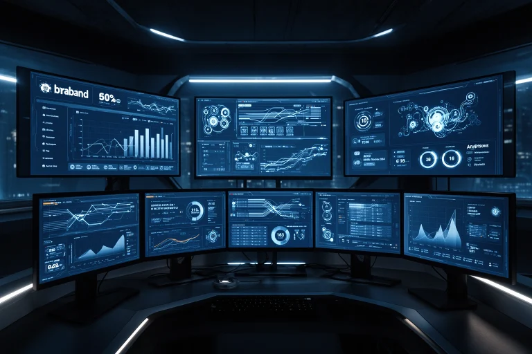 Digital branding Aggr8Tech — futuristic command center with analytics dashboards and brand metrics