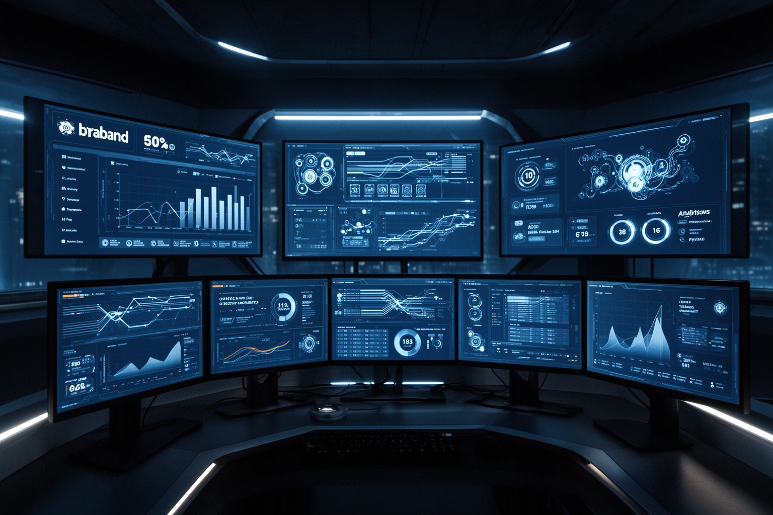 Digital branding Aggr8Tech — futuristic command center with analytics dashboards and brand metrics