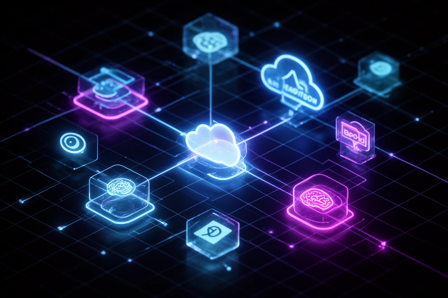 Digital branding Aggr8Tech — connected technology ecosystem with AI, automation, and brand identity nodes