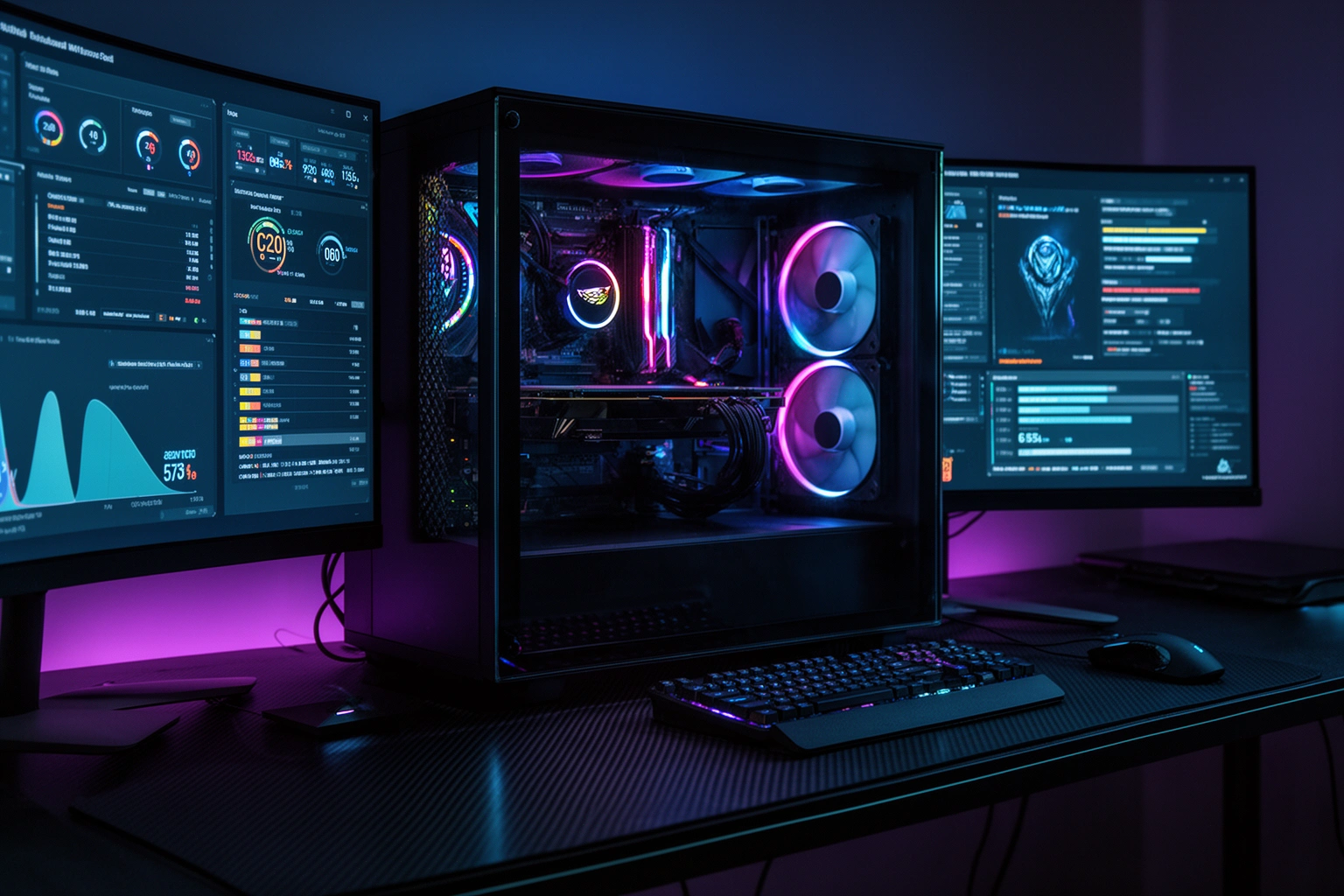 LCFTechMods gaming optimization setup with glowing PC components and performance monitoring tools