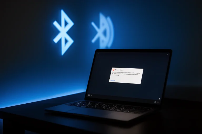 Error SusBlueZilla new version crash screen on laptop with Bluetooth troubleshooting interface