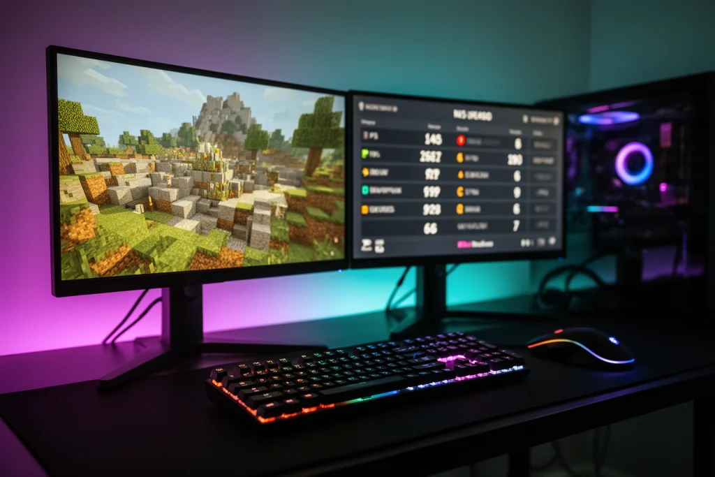 Playing games blog PlayBattleSquare gaming setup with Minecraft builds and FPS gear on screen