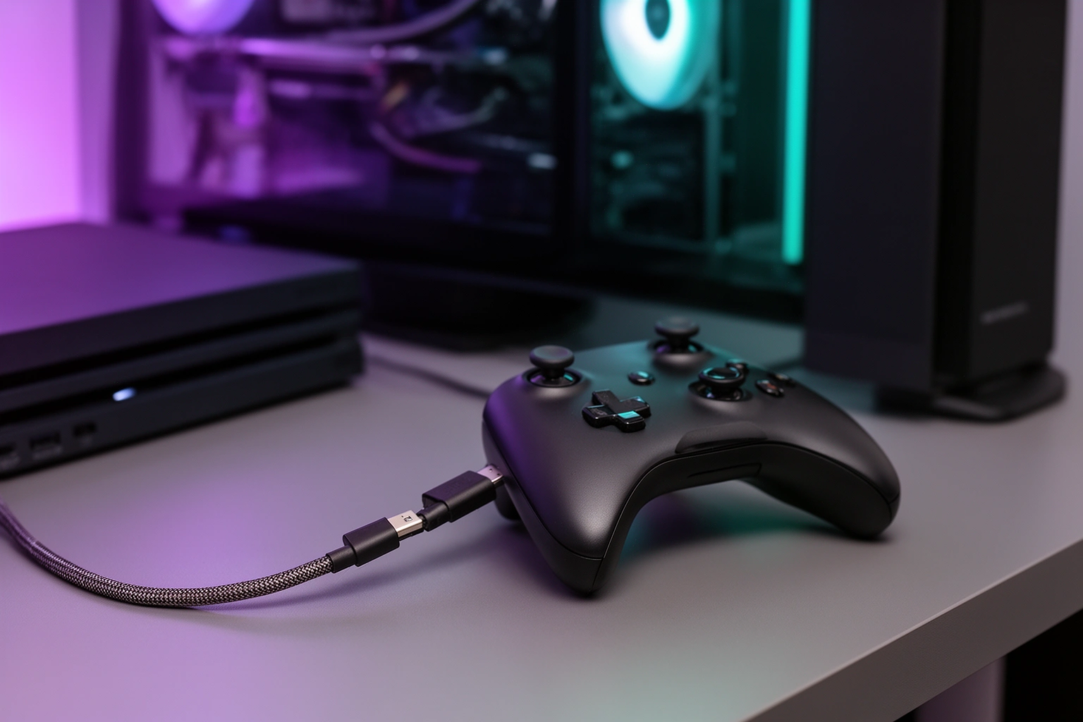 UggControMan controller cross-platform setup with PC console and USB-C cable gaming station
