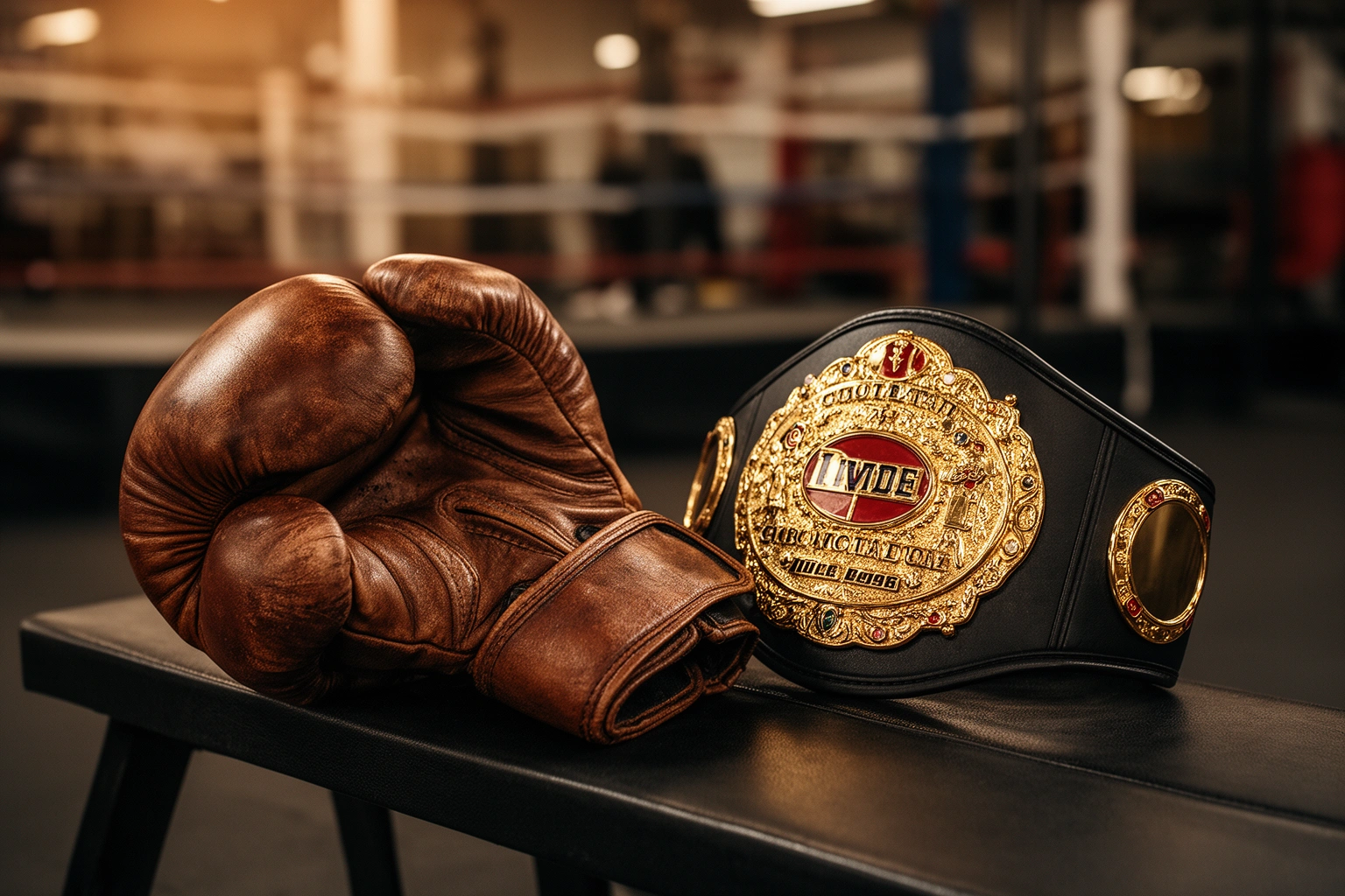 Boxing gloves and championship belt training gym concept