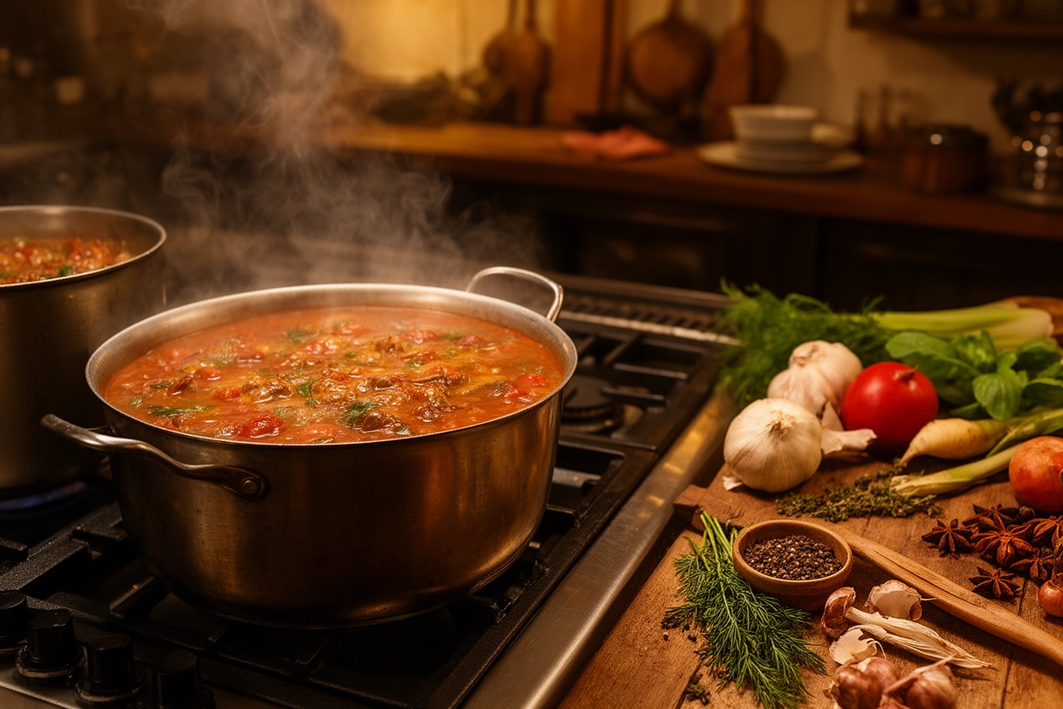 Latin American restaurant kitchen preparing lentil stew