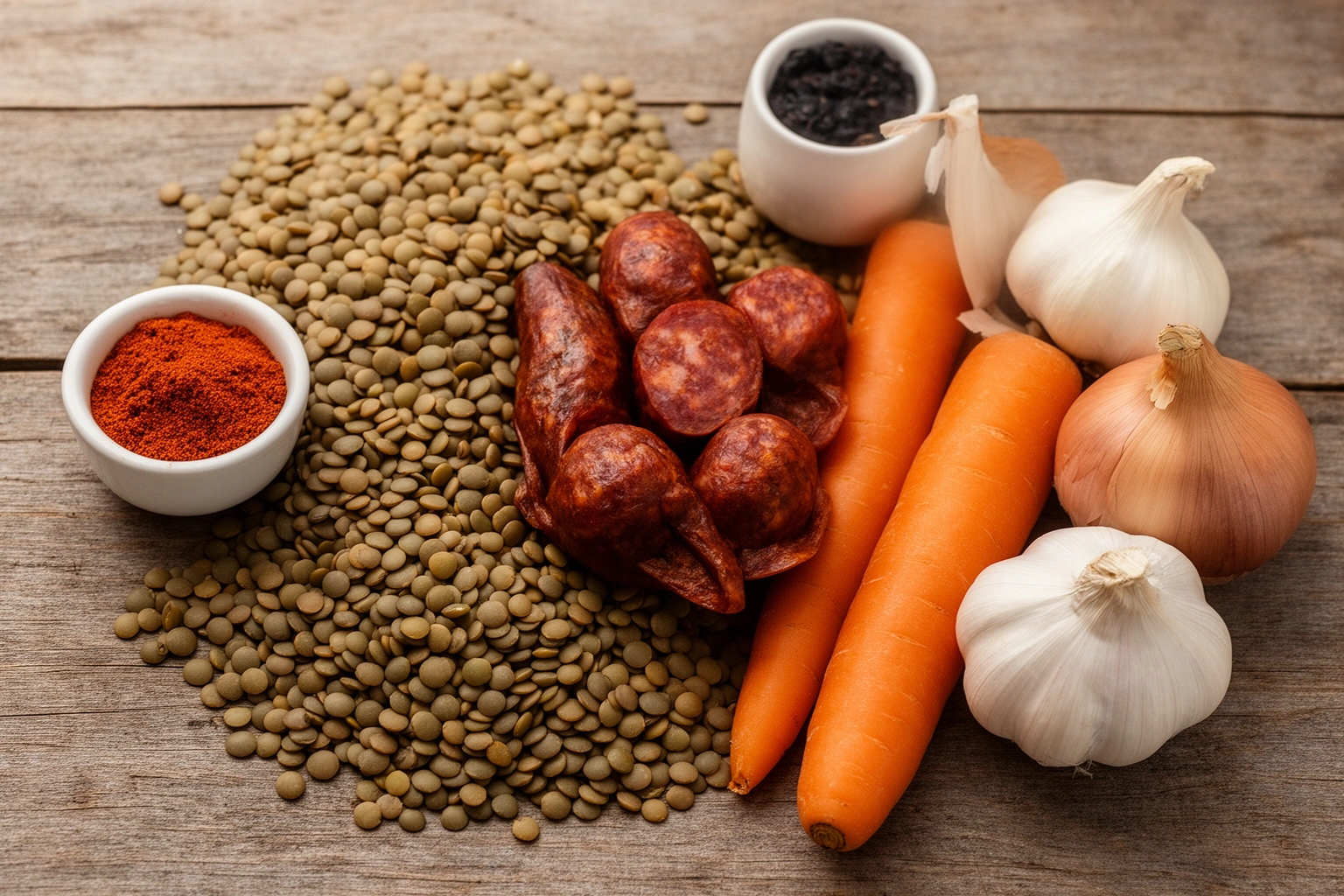 Ingredients for authentic guiso de lentejas chorizo paprika lentils