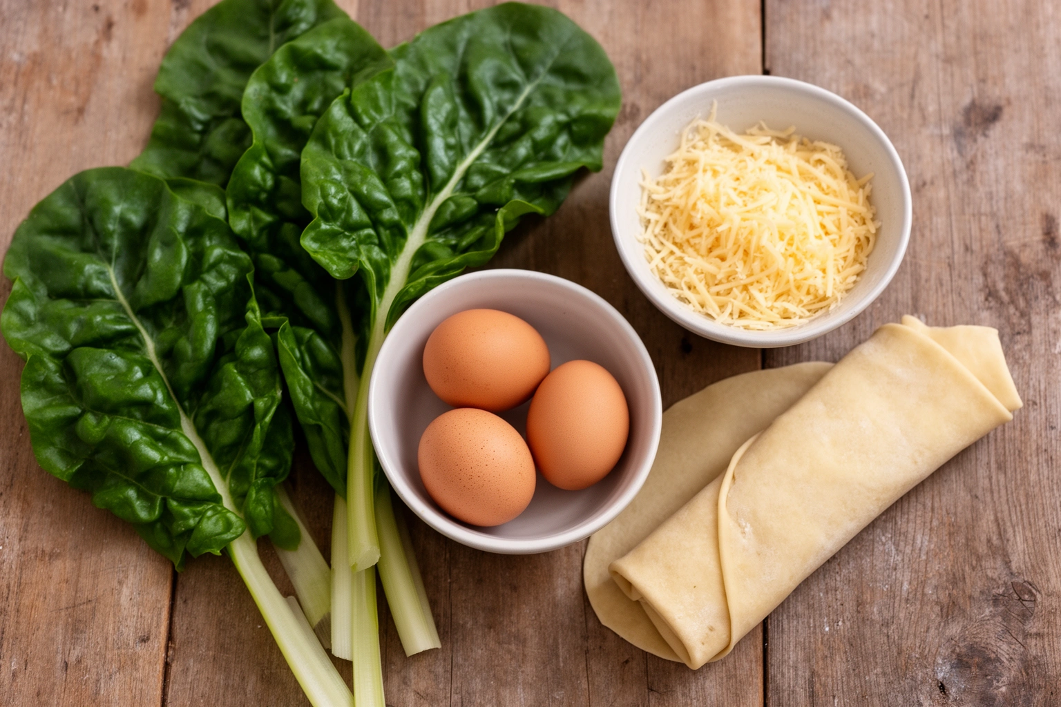 Fresh Swiss chard and pastry dough ingredients for tarta de acelga