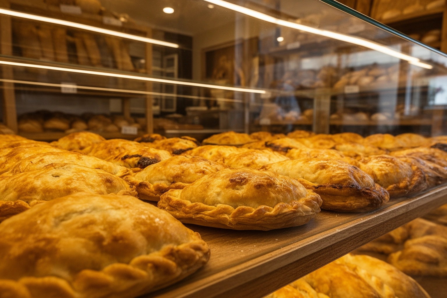 Argentine bakery display case with savory tarts and empanadas